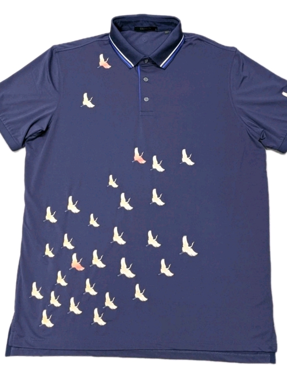 Greyson Clothiers Navy Crane Print Golf Polo — Men's Large